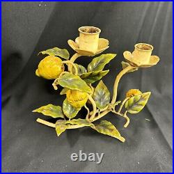 Set Of 2 VTG Neiman Marcus Painted Tole Toleware LEMON TREE Candle Holders ITALY