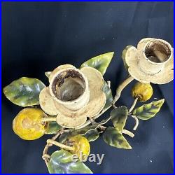 Set Of 2 VTG Neiman Marcus Painted Tole Toleware LEMON TREE Candle Holders ITALY