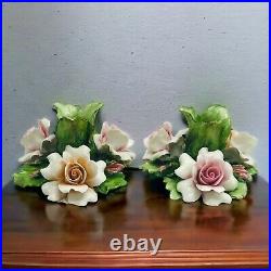 Set Of 2 Vintage Capodimonte Rose Buds Flower Candlestick Holders No Chips Pair