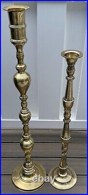 Set Of 2 Vintage Solid Brass Floor Altar Candle Stick Holders Pillars 38 & 32