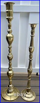 Set Of 2 Vintage Solid Brass Floor Altar Candle Stick Holders Pillars 38 & 32