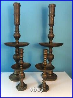 Set Of 4 Vintage Tall Engraved Brass Candlestick Candle Holders Temple Altar