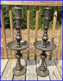 Set Of 4 Vintage Tall Engraved Brass Candlestick Candle Holders Temple Altar