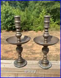 Set Of 4 Vintage Tall Engraved Brass Candlestick Candle Holders Temple Altar