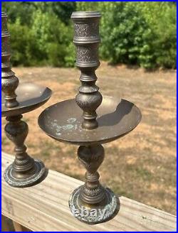 Set Of 4 Vintage Tall Engraved Brass Candlestick Candle Holders Temple Altar