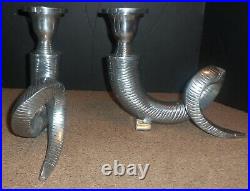 Set Pair 2 Large Ram Horn Shofar Metal Pillar Candle Holder Candlestick Silver
