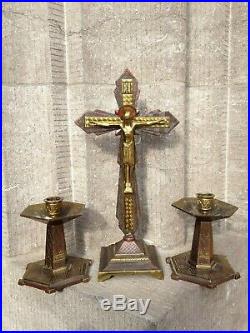 Set Vintage Art Deco Monastery Bronze Altar Standing Cross Crucifix Candlesticks