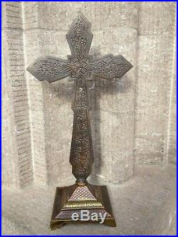 Set Vintage Art Deco Monastery Bronze Altar Standing Cross Crucifix Candlesticks