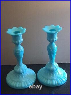 Set of 2 Antique Portieux Vallerysthal FRENCH Glass Candlesticks CHIMERE Blue