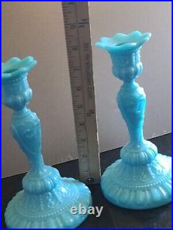 Set of 2 Antique Portieux Vallerysthal FRENCH Glass Candlesticks CHIMERE Blue