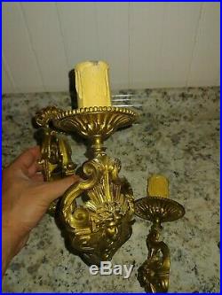 Set of 2 Antique Wall Sconces Electric Candlestick Vintage Gold Solid Metal
