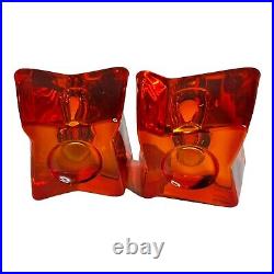 Set of 2 Vintage MCM Viking Art Glass Astra Taper Candle Holders Persimmon