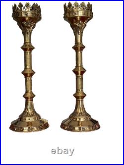 Set of 2 x 19 inch Gothic candle holder brass