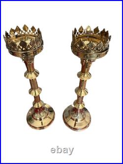 Set of 2 x 19 inch Gothic candle holder brass