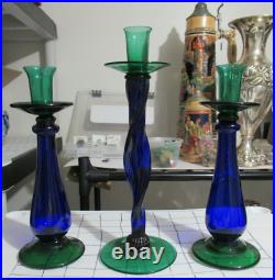 Set of 3 Antique Vintage Venetian Italian Art Glass Candlesticks 11 & 13