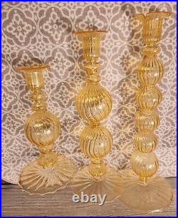 Set of 3 VTG Venetian Murano Style Optic Swirl & Ball Glass Candlestick Holders