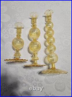 Set of 3 VTG Venetian Murano Style Optic Swirl & Ball Glass Candlestick Holders