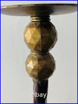 Set of 3 vintage pillar candlestick holders metal brass base gold brown mahogany