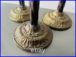 Set of 3 vintage pillar candlestick holders metal brass base gold brown mahogany
