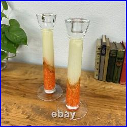 Set of Murano Art Glass Candlestick Vintage Hand Blown Glass Burnt Orange White