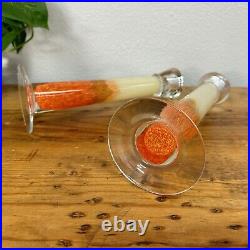 Set of Murano Art Glass Candlestick Vintage Hand Blown Glass Burnt Orange White