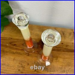 Set of Murano Art Glass Candlestick Vintage Hand Blown Glass Burnt Orange White