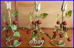 Set of Three Vintage Italian Tole Candle Holders Italy Candlesticks Cherries