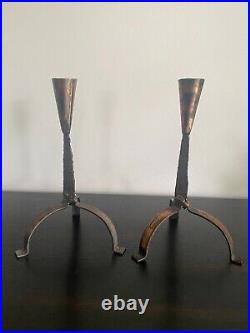 Set of Two Vintage Mid-Century Brutalist Candlestick Holders Hand Forged Metal