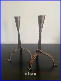 Set of Two Vintage Mid-Century Brutalist Candlestick Holders Hand Forged Metal