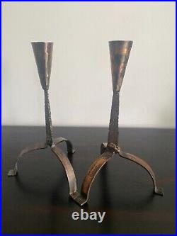 Set of Two Vintage Mid-Century Brutalist Candlestick Holders Hand Forged Metal