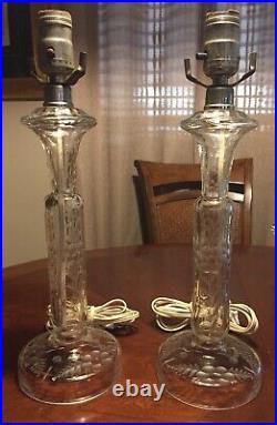 Stunning Cut Crystal Antq/vtg Pair Buffett Candlestick Lamps 16 Inch WithO Harp