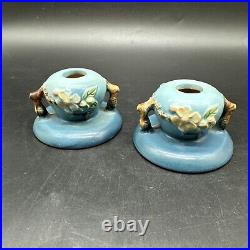 Stunning Set Of Vintage Roseville Pottery Blue Apple Blossom Candle Sticks #351