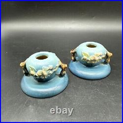 Stunning Set Of Vintage Roseville Pottery Blue Apple Blossom Candle Sticks #351