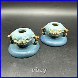 Stunning Set Of Vintage Roseville Pottery Blue Apple Blossom Candle Sticks #351