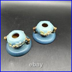 Stunning Set Of Vintage Roseville Pottery Blue Apple Blossom Candle Sticks #351