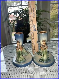 TWO Vintage Roseville Pottery Blue Pine Cone Candle Sticks Candle Holders