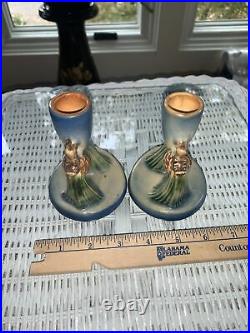 TWO Vintage Roseville Pottery Blue Pine Cone Candle Sticks Candle Holders