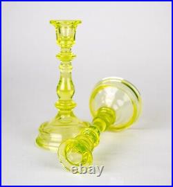 Tiffin Canary Yellow Vaseline Glass Candlesticks Set of 2 Vintage