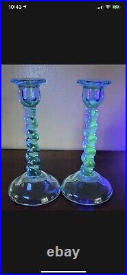 Tiffin Glass Candlesticks Twist Teal Manganese Glass Candlesticks Uv Reactive