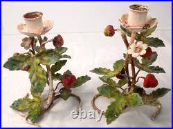 Toleware Tole Italian Italy Vintage Basket & 2 Taper Candleholders Strawberries