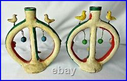 Two Vintage Mexican Clay Tree Of Life Pottery Candlestick Birds & Flowers