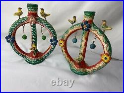 Two Vintage Mexican Clay Tree Of Life Pottery Candlestick Birds & Flowers