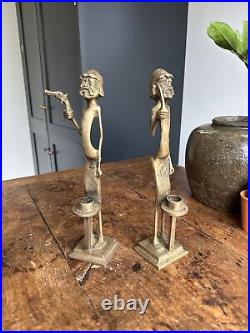 Unusual Brass Candlesticks Pirates Pair Candle Holders Quirky Vintage 30cmTall