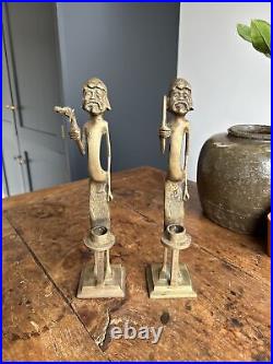 Unusual Brass Candlesticks Pirates Pair Candle Holders Quirky Vintage 30cmTall