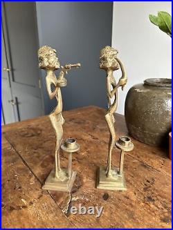 Unusual Brass Candlesticks Pirates Pair Candle Holders Quirky Vintage 30cmTall