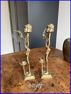 Unusual Brass Candlesticks Pirates Pair Candle Holders Quirky Vintage 30cmTall