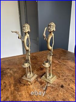 Unusual Brass Candlesticks Pirates Pair Candle Holders Quirky Vintage 30cmTall