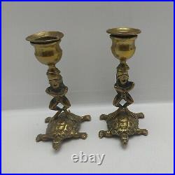 Unusual Frog & Turtle Brass Candle Stick Holders Early 19th Century 12cm Vintage