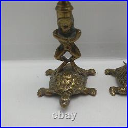 Unusual Frog & Turtle Brass Candle Stick Holders Early 19th Century 12cm Vintage
