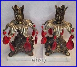 VINTAGE 1969 CANDLESTICKS PAIR SET OF 2 ANTIQUE VINTAGE 8 With RED GLASS CRYSTALS